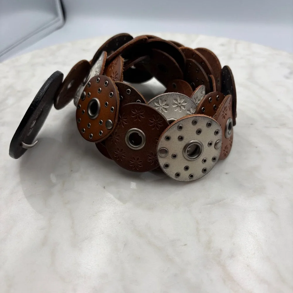 Y2K Genuine Leather Disc Belt Womens M Brown Silver Grommet Boho Studded Western